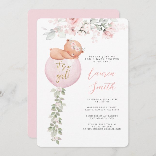 Invitation Fille Baby shower de l'ours rose Teddy (Devant / Derrière)