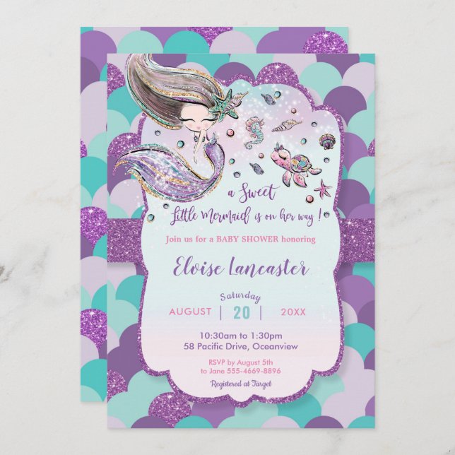 Invitation Fille Baby shower de sirène sous la mer violette (Devant / Derrière)