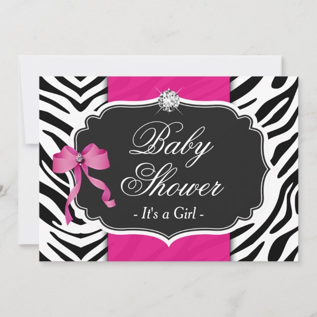 Invitation Fille Baby shower - Elégant Zebra Print Hot Pink (Devant)