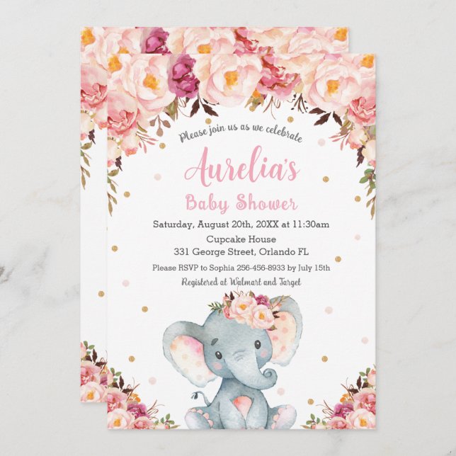 Invitation Fille Baby shower Eléphant rose pâle (Devant / Derrière)