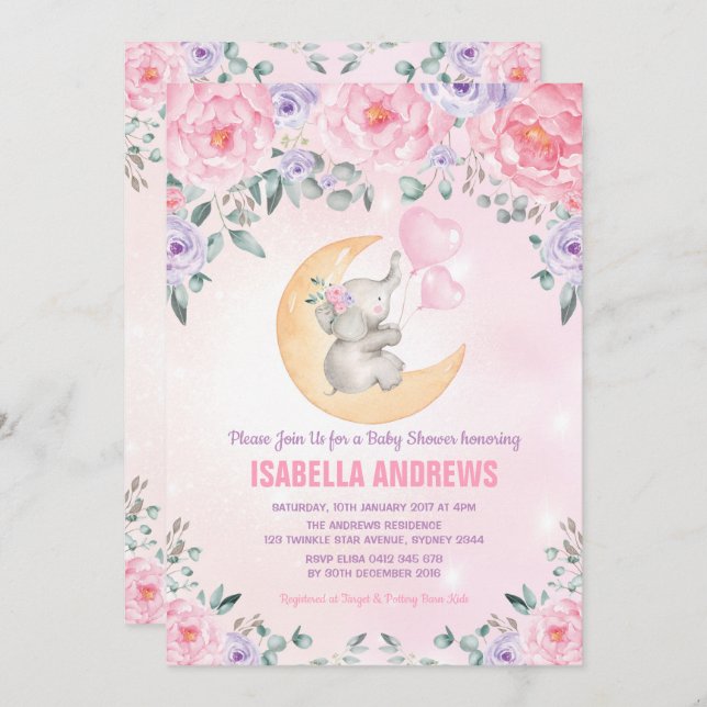 Invitation Fille Baby shower éléphant / Rose violet floral (Devant / Derrière)