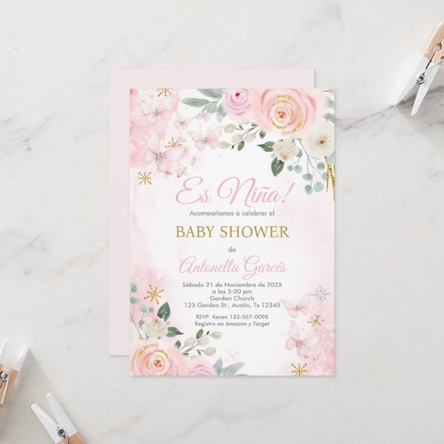 Invitation Fille Baby shower espagnole rose (Devant/Arrière en situation)