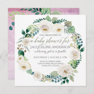 Invitation Fille Baby shower et couronne de roses blanches
