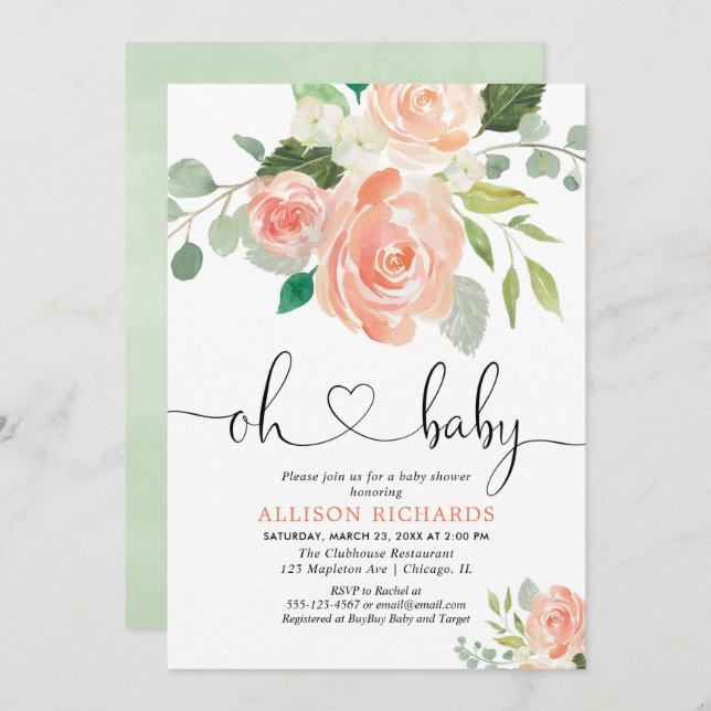 Invitation Fille baby shower floral aquarelles pêche verdure (Devant / Derrière)