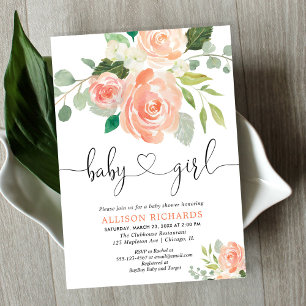 Invitation Fille baby shower floral aquarelles pêche verdure