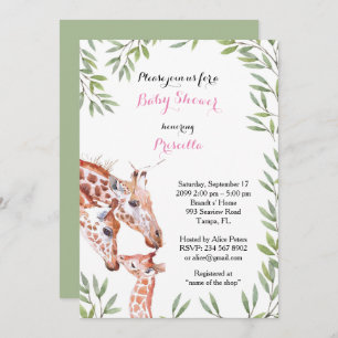 Invitation FILLE Baby shower, girafe, blanche, amande, feuill
