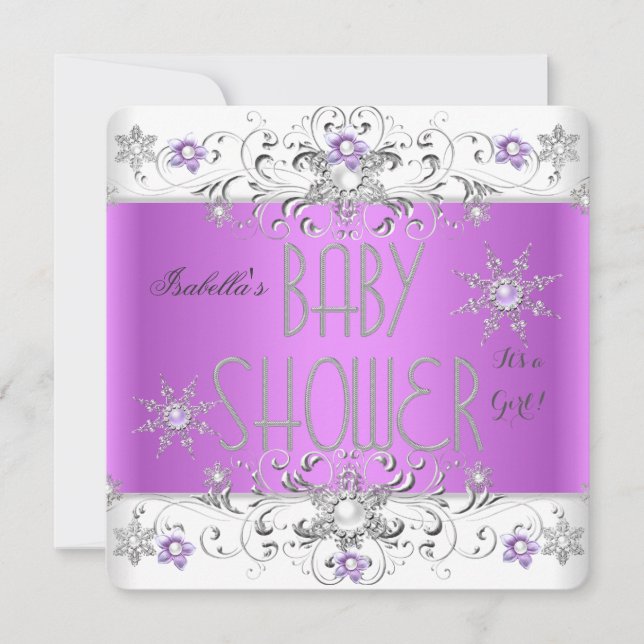 Invitation Fille Baby shower Hiver Merveilles Purple Blanc (Devant)