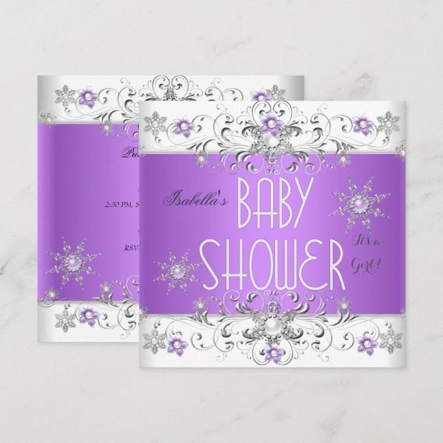 Invitation Fille Baby shower hiver Wonderland violet blanc 3 (Devant / Derrière)