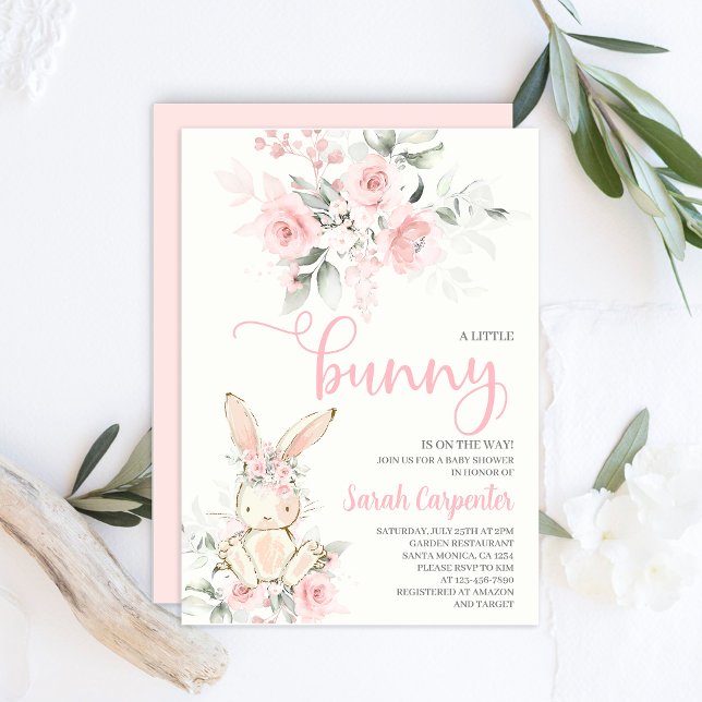 Invitation Fille Baby shower Lapin Rose Floral (Créateur téléchargé)