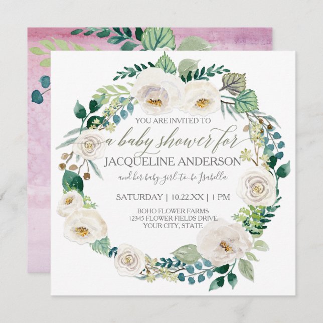 Invitation Fille Baby shower Lavande et Roses Blanches Wreath (Devant / Derrière)