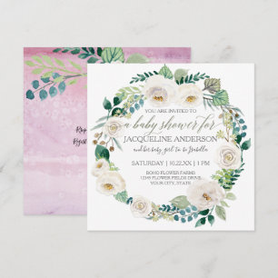 Invitation Fille Baby shower Lavande et Roses Blanches Wreath