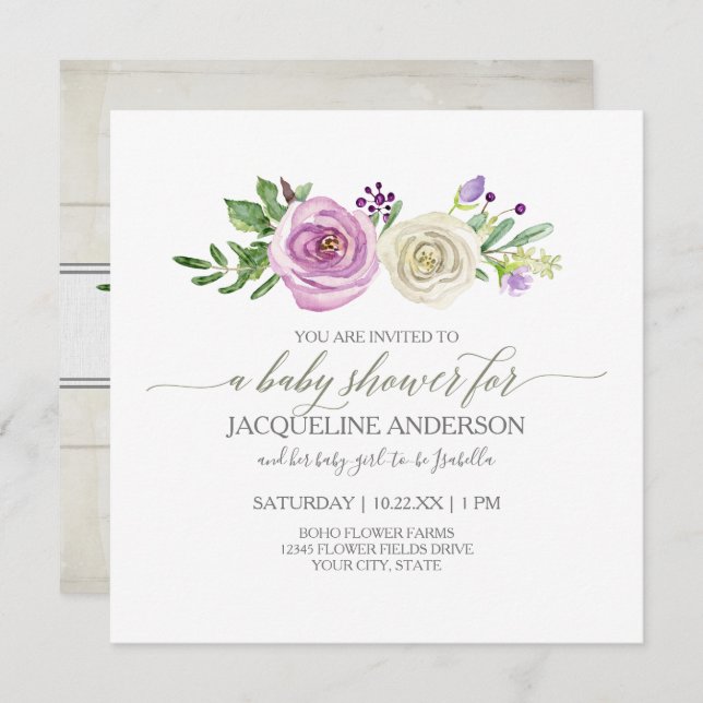 Invitation Fille Baby shower Lilac n Roses blanches Bois rust (Devant / Derrière)