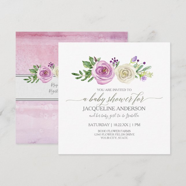 Invitation Fille Baby shower Lilac n Roses Blanches Feuillage (Devant / Derrière)