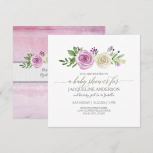 Invitation Fille Baby shower Lilac n Roses Blanches Feuillage