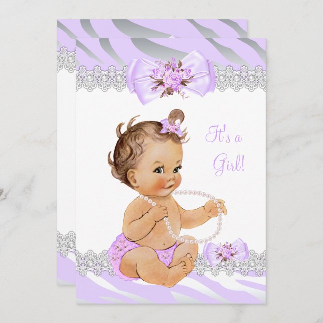 Invitation Fille Baby shower Lilac Zebra Dentelle Lumière Bru (Devant / Derrière)