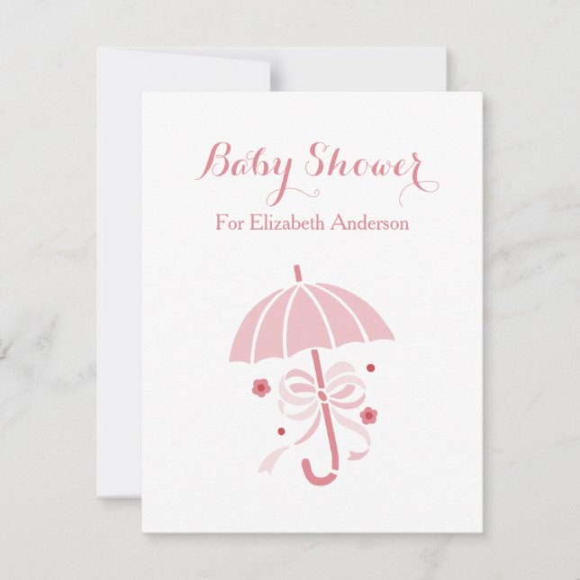 Invitation Fille Baby shower Mignonne Parapluie Rose Avec Bow (Devant)