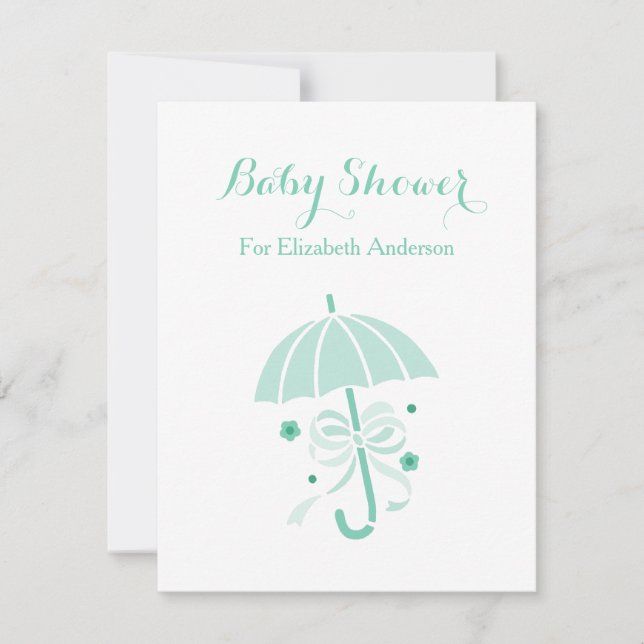 Invitation Fille Baby shower Mignonne Parapluie vert et Bow (Devant)