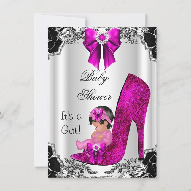 Invitation Fille Baby shower mignonne Rose chaud haut talon F (Devant)