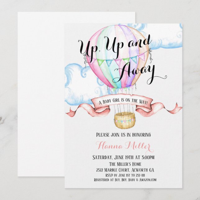 Invitation Fille Baby Shower Montgolfière (Devant / Derrière)