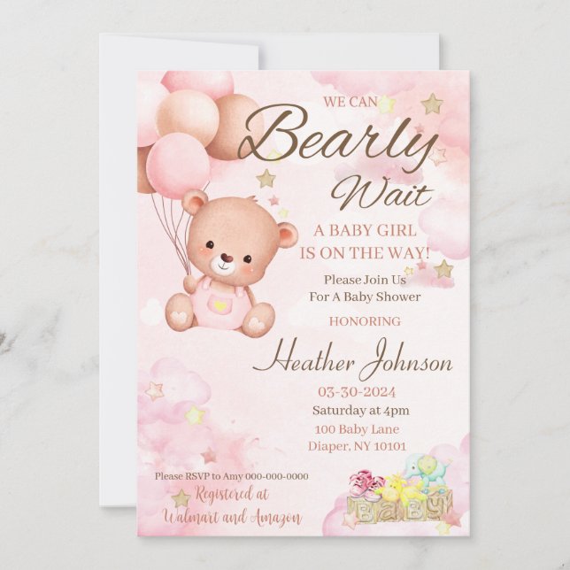 Invitation Fille Baby shower ours (Devant)
