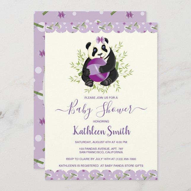 Invitation Fille Baby shower Ours Panda Pale Lilac Photo (Devant / Derrière)