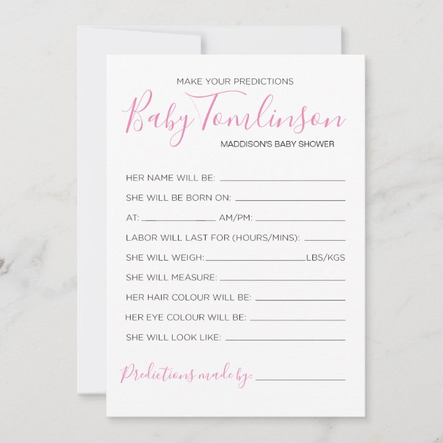 Invitation Fille Baby shower prédictions Guess Game Card (Devant)