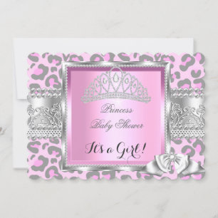 Invitation Fille Baby Shower Princesse Rose Gris Léopard 2