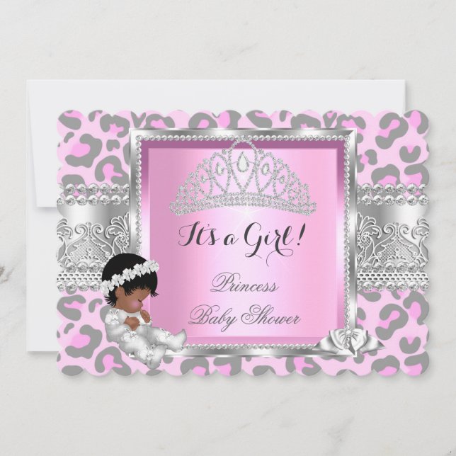 Invitation Fille Baby Shower Princesse Rose Gris Léopard 4 (Devant)