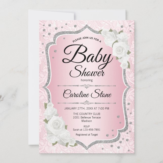 Invitation Fille Baby shower - Rose Argent Blanc (Devant)