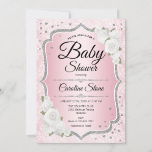 Invitation Fille Baby shower - Rose Argent Blanc
