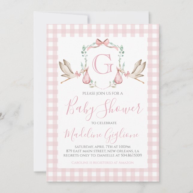 Invitation Fille Baby shower rose En vichy cigogne Monogramme (Devant)