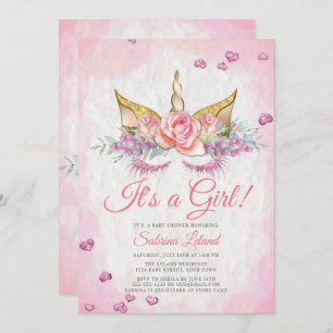 Invitation Fille Baby shower rose Imaginaire Sleepy Unicorn