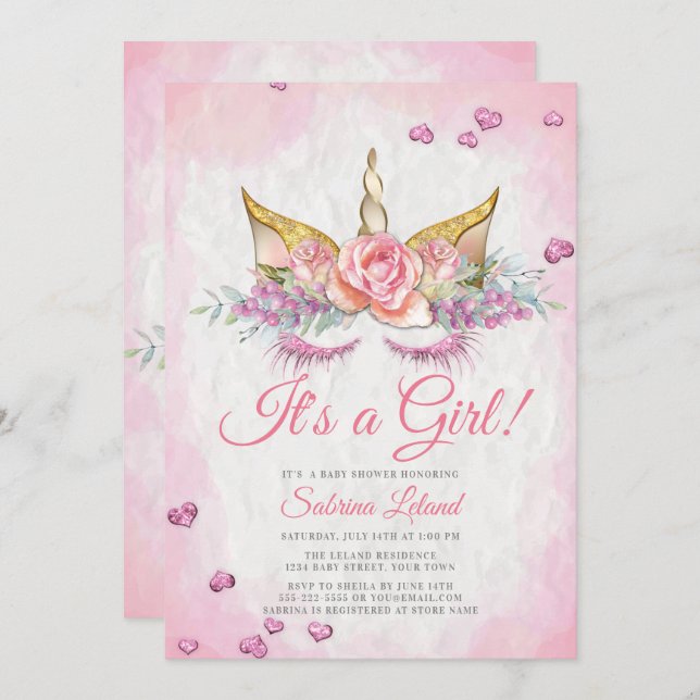 Invitation Fille Baby shower rose Imaginaire Sleepy Unicorn (Devant / Derrière)