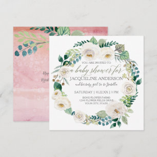 Invitation Fille Baby shower rose n blanc Roses feuille couro