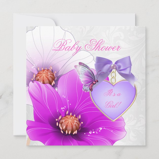 Invitation Fille Baby shower rose papillon pourpre Floral (Devant)