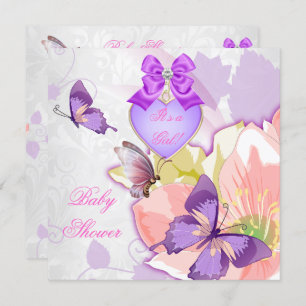 Invitation Fille Baby shower rose papillon violet Floral 2