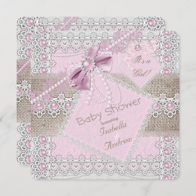 Invitation Fille Baby shower rose Perle Bow Lace Burlap 2 (Devant / Derrière)