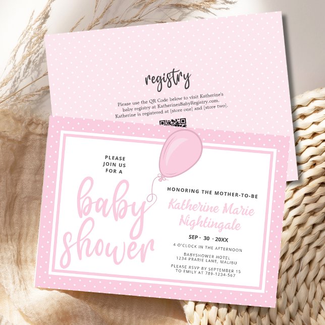 Invitation Fille Baby shower rose Polka Dot BOHO QR Code (Pastel Pink Polka Dot Baby Shower Invitation with balloon, QR code, registry.)