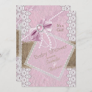 Invitation Fille Baby shower Rustique Bow Rose Pearl Lace Bur