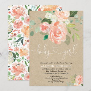 Invitation Fille baby shower rustique kraft pêche la végétati