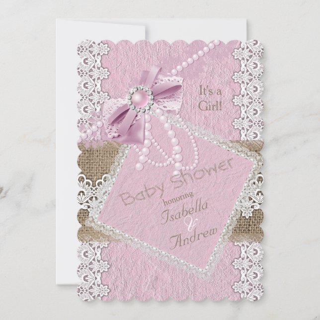 Invitation Fille Baby shower Rustique Rose Bow Lace Burlap 2 (Devant)