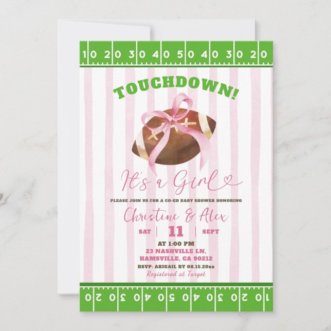 Invitation Fille Baby Shower Touchdown Drôle avec des Rayures (Devant)