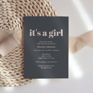 Invitation Fille Baby Shower Typographie Bohème Gris Rose