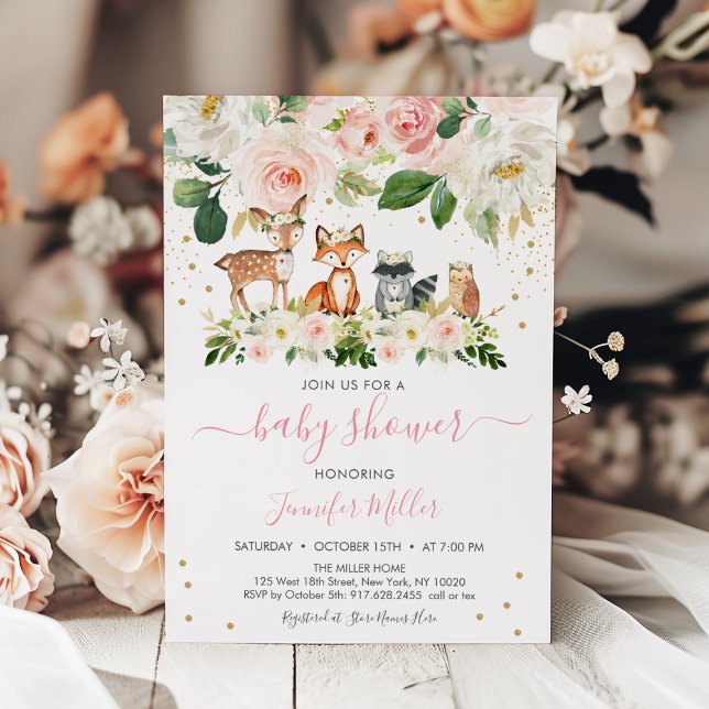 Invitation Fille Baby shower Woodland Blush Floral (Créateur téléchargé)