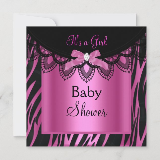 Invitation Fille Baby shower Zebra Hot rose Noir (Devant)