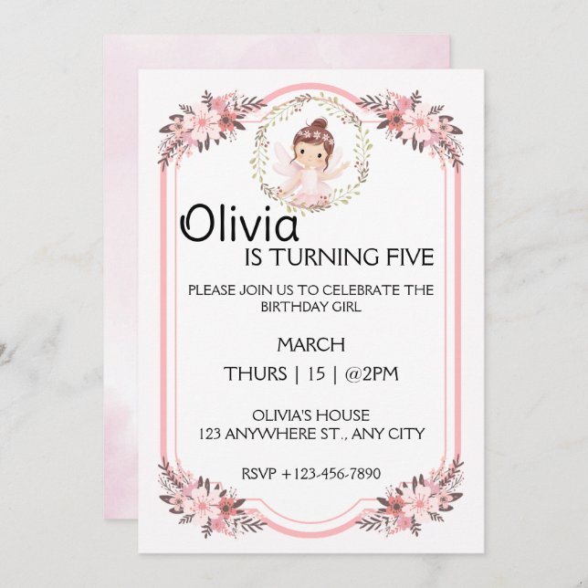 Invitation Fille Ballerina Rose Floral Wreath fête d'annivers (Devant / Derrière)