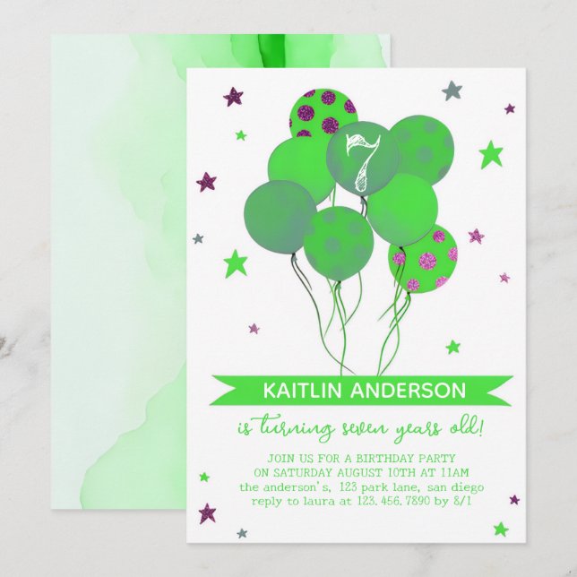 Invitation Fille Ballons Aquarelle Verte Fête d'anniversaire  (Devant / Derrière)
