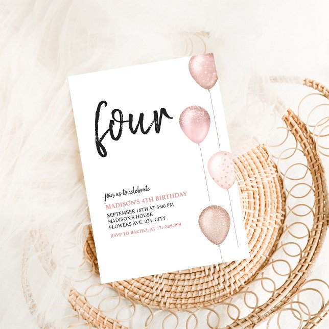 Invitation Fille Ballons Roses Pâles Anniversaire Simple 4 An (Créateur téléchargé)