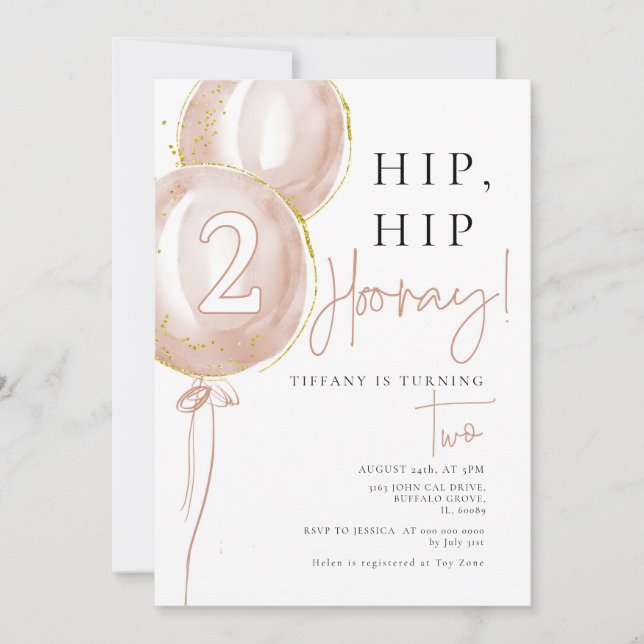 Invitation Fille Balloon Rose Deuxième anniversaire (Devant)