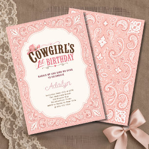 Invitation Fille Bandana Paisley Rose Pâle Cowgirl 1er Annive